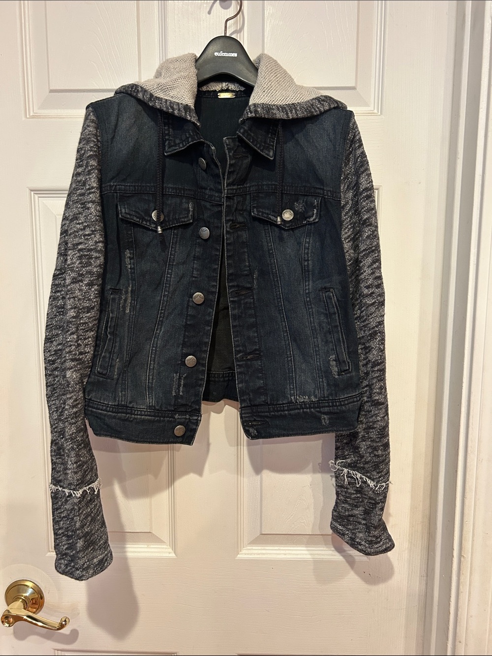Free People Dark Wash Denim Jacket with Heather Gray Knit Hood & Sleeves